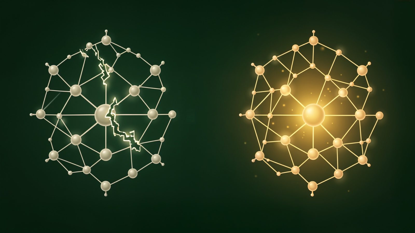 Illustration: a disrupted gene network beside a restored one